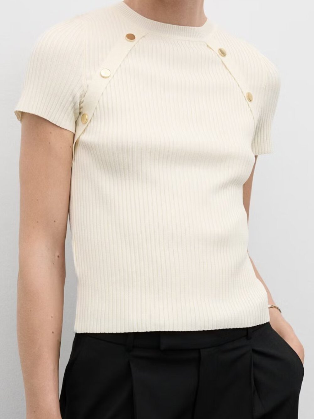 Mango Short-Sleeved Ribbed Sweater with Buttons Cream M - Picture 1 of 6